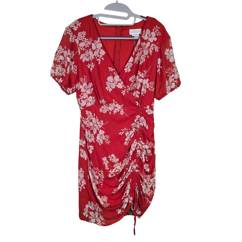 NEW NWT Women's Apricot Red & White Floral Ruch Front V-Neck Dress | Size 6 - Picture 2 of 13